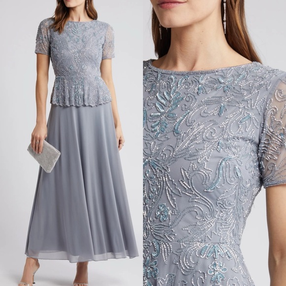 Pisarro Nights Mock Two-Piece Embellished Cocktail Dress Size 14 Sea Blue - Picture 1 of 15